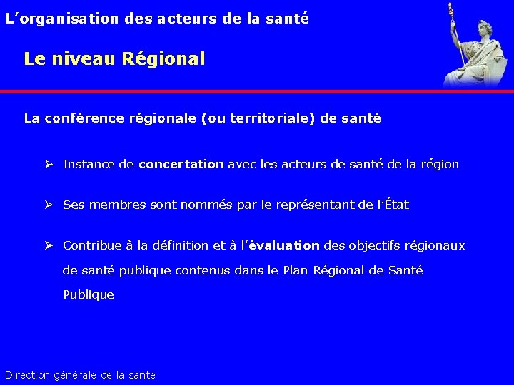 L’organisation des acteurs de la santé Le niveau Régional La conférence régionale (ou territoriale)