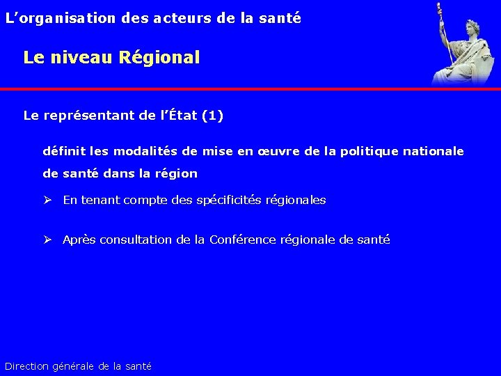 L’organisation des acteurs de la santé Le niveau Régional Le représentant de l’État (1)