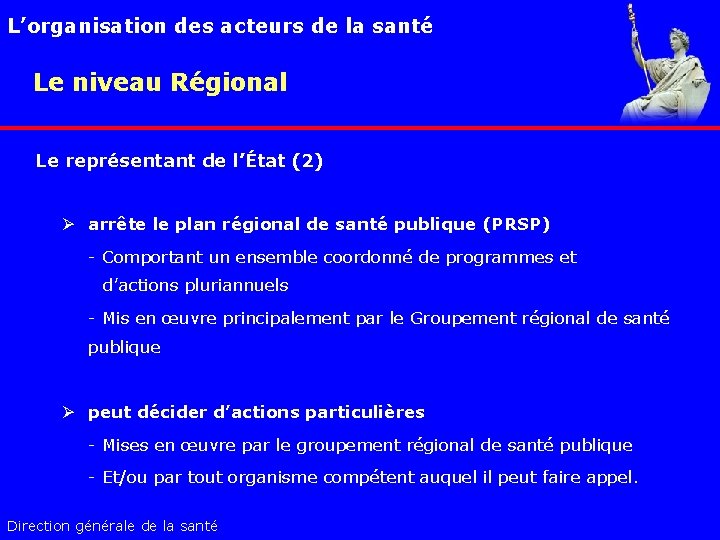 L’organisation des acteurs de la santé Le niveau Régional Le représentant de l’État (2)