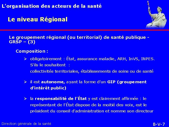 L’organisation des acteurs de la santé Le niveau Régional Le groupement régional (ou territorial)