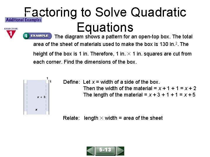 Factoring to Solve Quadratic Equations ALGEBRA 1 LESSON 10 -5 The diagram shows a