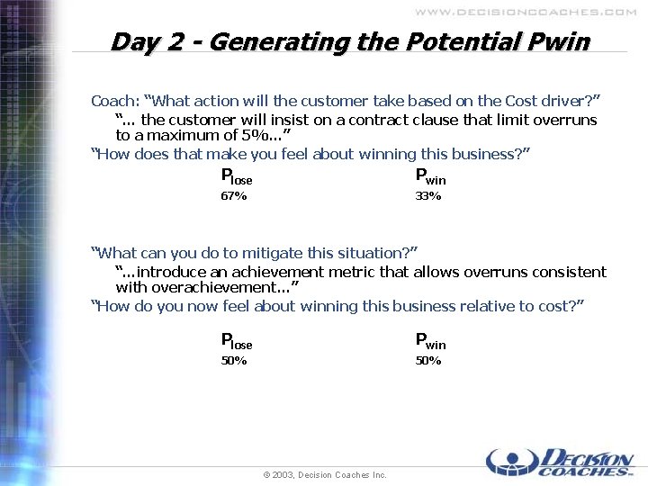 Day 2 - Generating the Potential Pwin Coach: “What action will the customer take