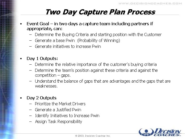 Two Day Capture Plan Process • Event Goal – in two days a capture