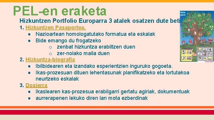 PEL-en eraketa Hizkuntzen Portfolio Europarra 3 atalek osatzen dute beti: 1. Hizkuntzen Pasaportea. ●