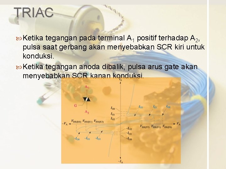 TRIAC Ketika tegangan pada terminal A 1 positif terhadap A 2, pulsa saat gerbang