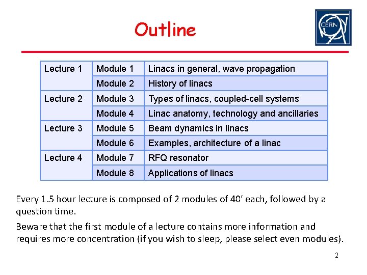 Outline Lecture 1 Lecture 2 Lecture 3 Lecture 4 Module 1 Linacs in general,