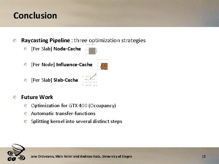 Conclusion Raycasting Pipeline : three optimization strategies [Per Slab] Node-Cache [Per Node] Influence-Cache [Per