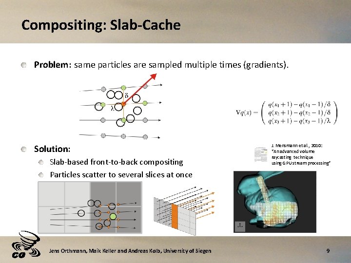 Compositing: Slab-Cache Problem: same particles are sampled multiple times (gradients). Solution: Slab-based front-to-back compositing