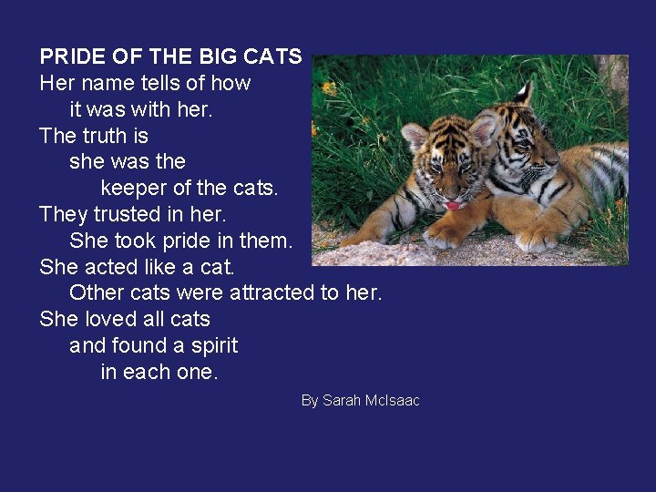 PRIDE OF THE BIG CATS Her name tells of how it was with her.