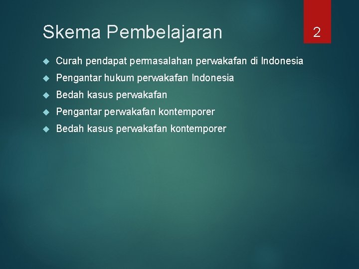 Skema Pembelajaran Curah pendapat permasalahan perwakafan di Indonesia Pengantar hukum perwakafan Indonesia Bedah kasus