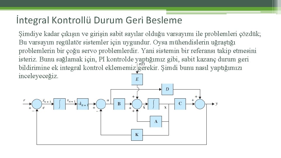 İntegral Kontrollü Durum Geri Besleme Şimdiye kadar çıkışın ve girişin sabit sayılar olduğu varsayımı