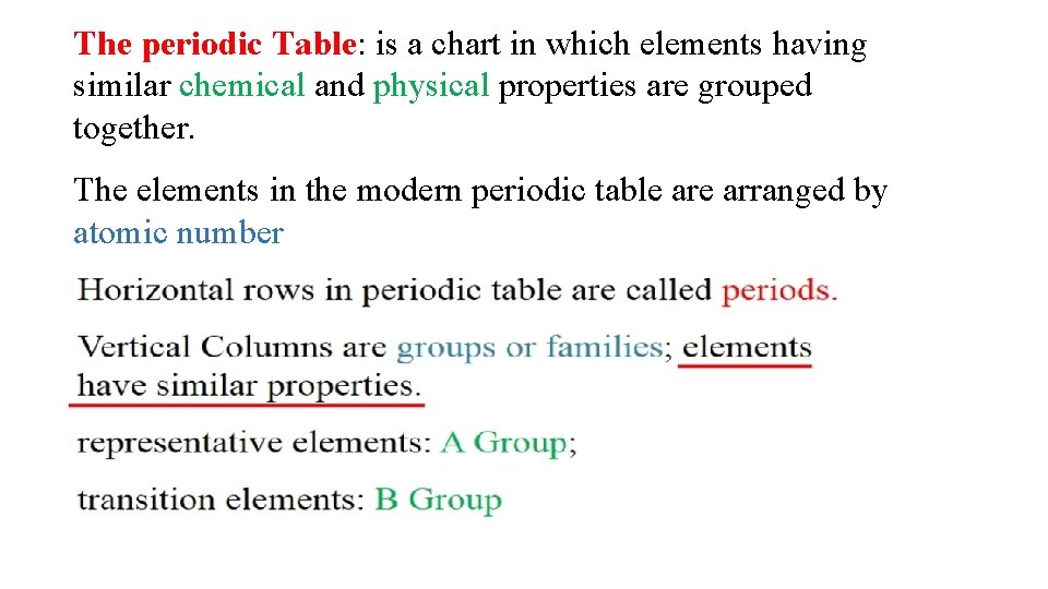 The periodic Table: is a chart in which elements having similar chemical and physical