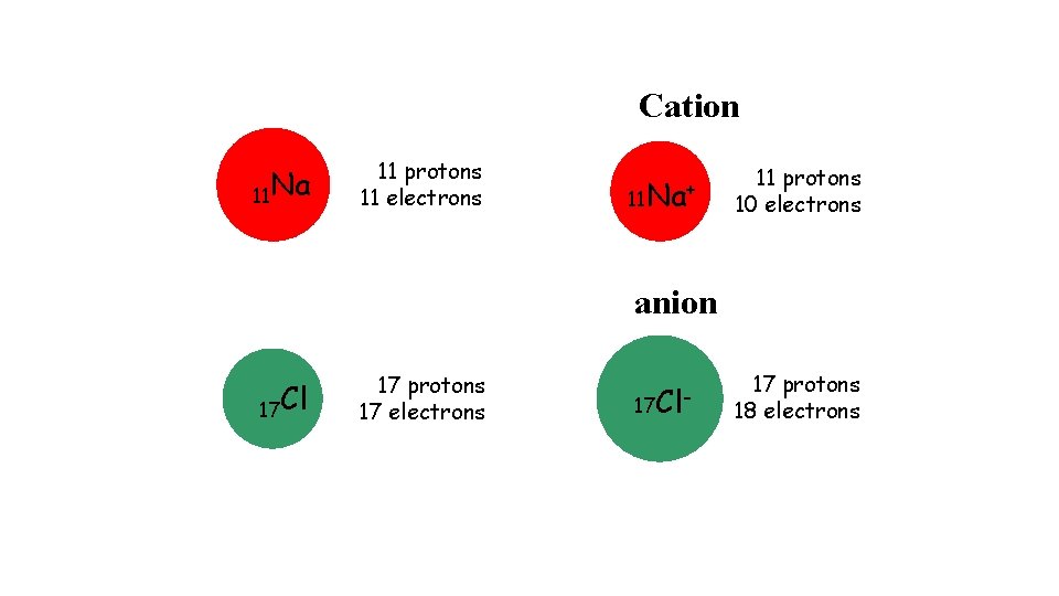 Cation 11 Na 11 protons 11 electrons 11 Na+ 11 protons 10 electrons anion