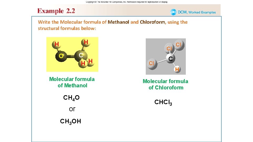 Write the Molecular formula of Methanol and Chloroform, using the structural formulas below: H