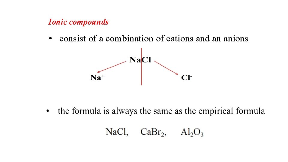 Ionic compounds • consist of a combination of cations and an anions 