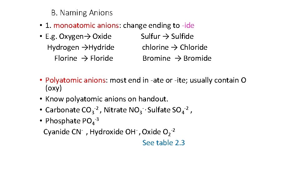 B. Naming Anions • 1. monoatomic anions: change ending to -ide • E. g.