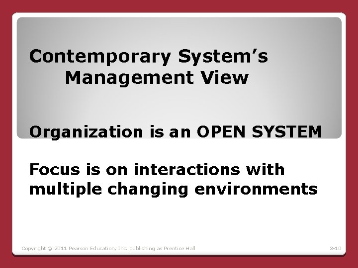 Contemporary System’s Management View Organization is an OPEN SYSTEM Focus is on interactions with