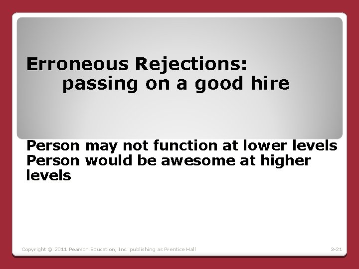 Erroneous Rejections: passing on a good hire Person may not function at lower levels