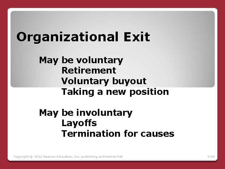 Organizational Exit May be voluntary Retirement Voluntary buyout Taking a new position May be