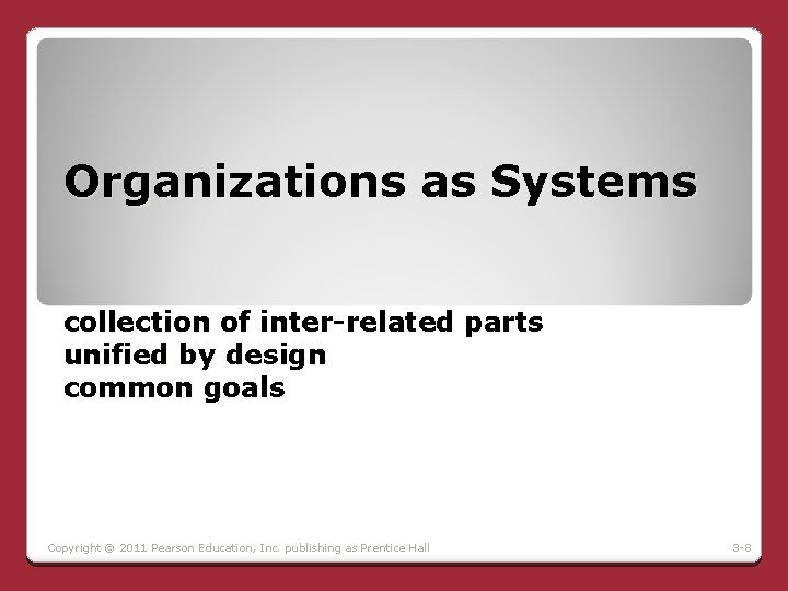 Organizations as Systems collection of inter-related parts unified by design common goals Copyright ©