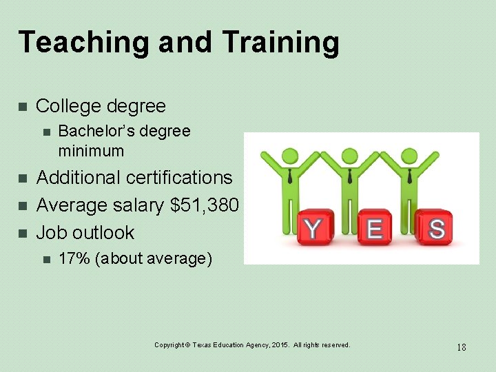 Teaching and Training n College degree n n Bachelor’s degree minimum Additional certifications Average