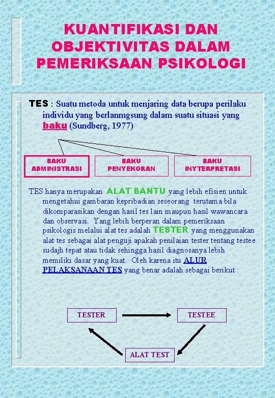 KUANTIFIKASI DAN OBJEKTIVITAS DALAM PEMERIKSAAN PSIKOLOGI TES : Suatu metoda untuk menjaring data berupa