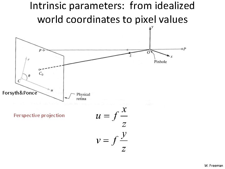 Intrinsic parameters: from idealized world coordinates to pixel values Forsyth&Ponce Perspective projection W. Freeman Intrinsic parameters: from idealized world coordinates to pixel values Forsyth&Ponce Perspective projection W. Freeman