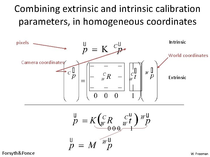 Combining extrinsic and intrinsic calibration parameters, in homogeneous coordinates pixels Intrinsic World coordinates Camera Combining extrinsic and intrinsic calibration parameters, in homogeneous coordinates pixels Intrinsic World coordinates Camera