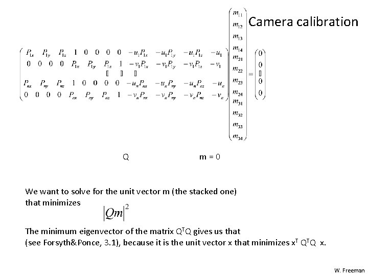 Camera calibration Q m = 0 We want to solve for the unit vector Camera calibration Q m = 0 We want to solve for the unit vector