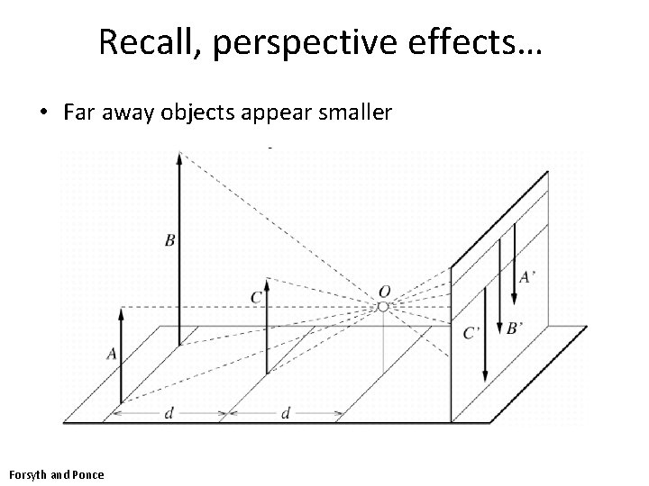 Recall, perspective effects… • Far away objects appear smaller Forsyth and Ponce Recall, perspective effects… • Far away objects appear smaller Forsyth and Ponce