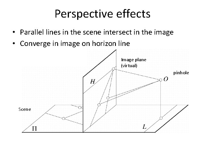 Perspective effects • Parallel lines in the scene intersect in the image • Converge Perspective effects • Parallel lines in the scene intersect in the image • Converge