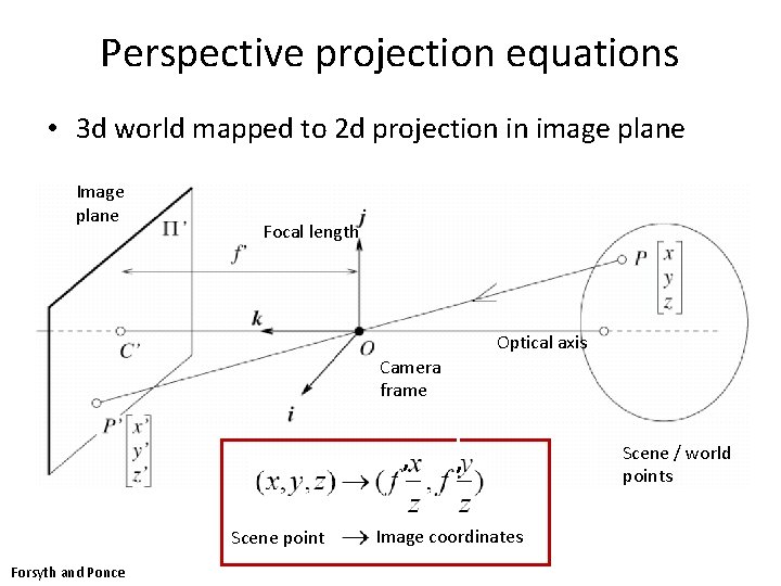 Perspective projection equations • 3 d world mapped to 2 d projection in image Perspective projection equations • 3 d world mapped to 2 d projection in image