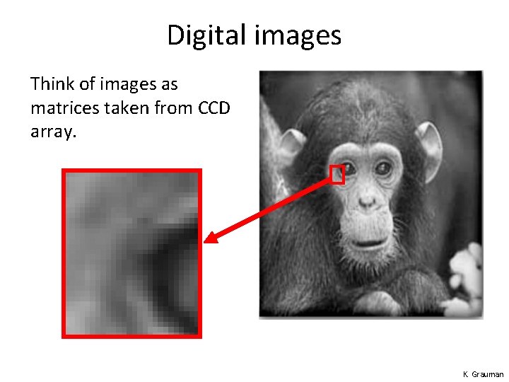 Digital images Think of images as matrices taken from CCD array. K. Grauman Digital images Think of images as matrices taken from CCD array. K. Grauman