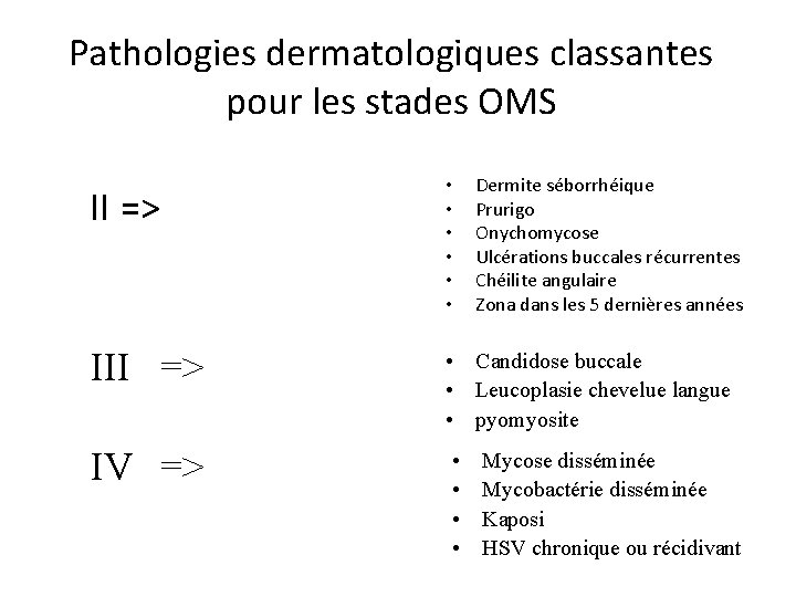 Pathologies dermatologiques classantes pour les stades OMS II => • • • Dermite séborrhéique Pathologies dermatologiques classantes pour les stades OMS II => • • • Dermite séborrhéique