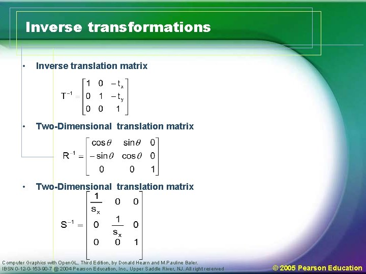Inverse transformations • Inverse translation matrix • Two-Dimensional translation matrix Computer Graphics with Open.
