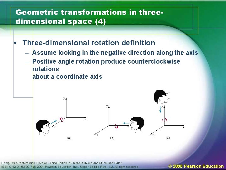 Geometric transformations in threedimensional space (4) • Three-dimensional rotation definition – Assume looking in