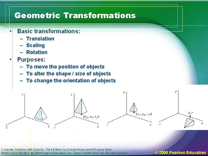 Geometric Transformations • Basic transformations: – Translation – Scaling – Rotation • Purposes: –