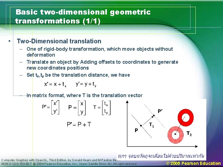 Basic two-dimensional geometric transformations (1/1) • Two-Dimensional translation – One of rigid-body transformation, which