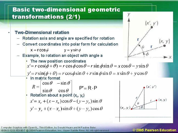 Basic two-dimensional geometric transformations (2/1) • Two-Dimensional rotation – Rotation axis and angle are
