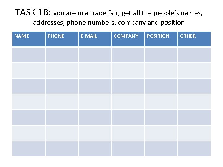 TASK 1 B: you are in a trade fair, get all the people’s names,