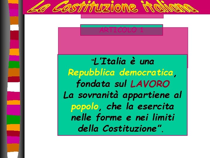 ARTICOLO 1 “L’Italia è una Repubblica democratica, fondata sul LAVORO La sovranità appartiene al ARTICOLO 1 “L’Italia è una Repubblica democratica, fondata sul LAVORO La sovranità appartiene al