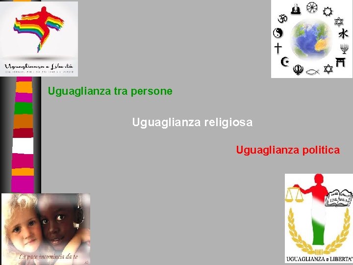 Uguaglianza tra persone Uguaglianza religiosa Uguaglianza politica Uguaglianza tra persone Uguaglianza religiosa Uguaglianza politica