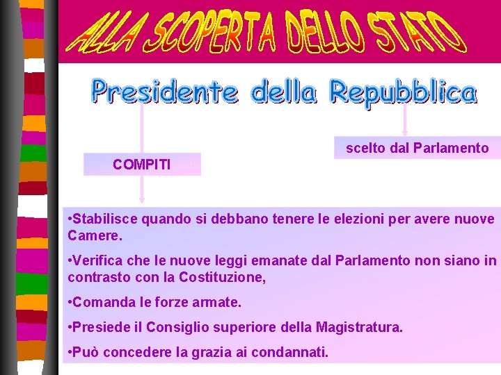 scelto dal Parlamento COMPITI • Stabilisce quando si debbano tenere le elezioni per avere scelto dal Parlamento COMPITI • Stabilisce quando si debbano tenere le elezioni per avere