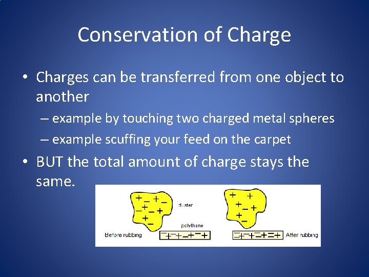 Conservation of Charge • Charges can be transferred from one object to another –