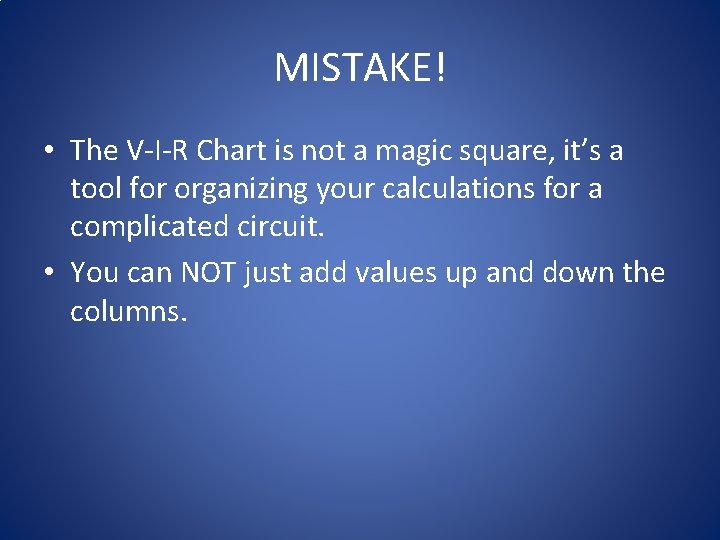 MISTAKE! • The V-I-R Chart is not a magic square, it’s a tool for