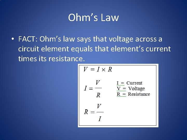 Ohm’s Law • FACT: Ohm’s law says that voltage across a circuit element equals