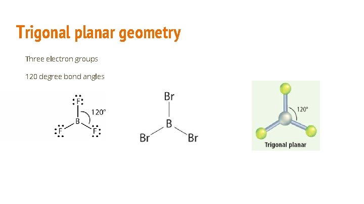 Trigonal planar geometry Three electron groups 120 degree bond angles No lone pairs 