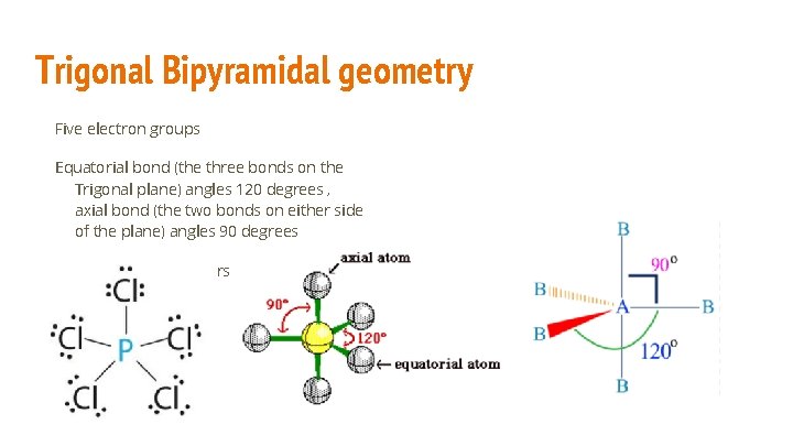 Trigonal Bipyramidal geometry Five electron groups Equatorial bond (the three bonds on the Trigonal