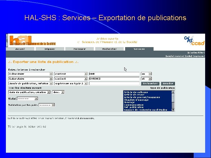 HAL-SHS : Services – Exportation de publications 