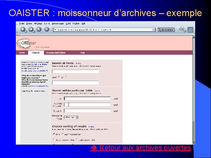 OAISTER : moissonneur d’archives – exemple Retour aux archives ouvertes 